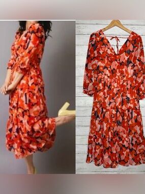 Sincerely Jules Red Floral Boho Smocked 3/4 Sleeve Midi Dress Size Large